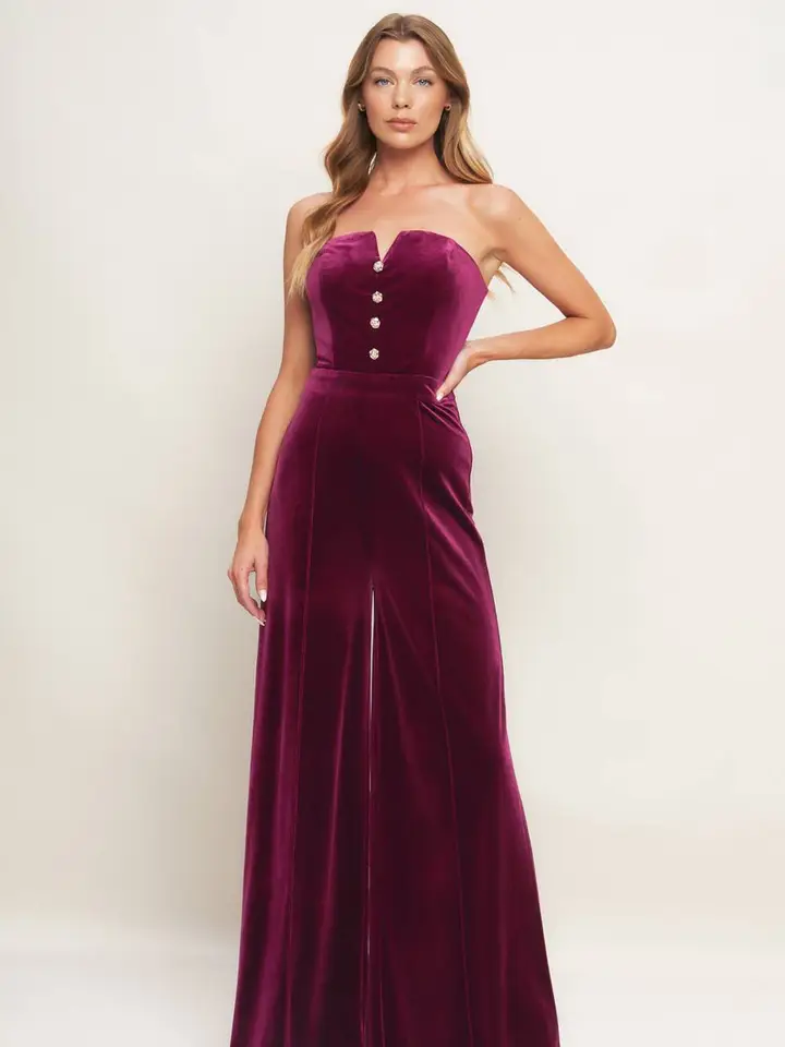 Wine Velvet Strapless Jumpsuit