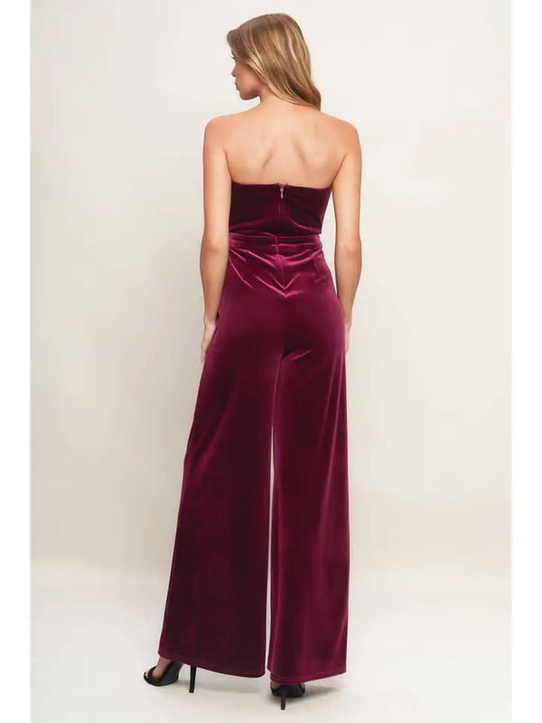 Wine Velvet Strapless Jumpsuit