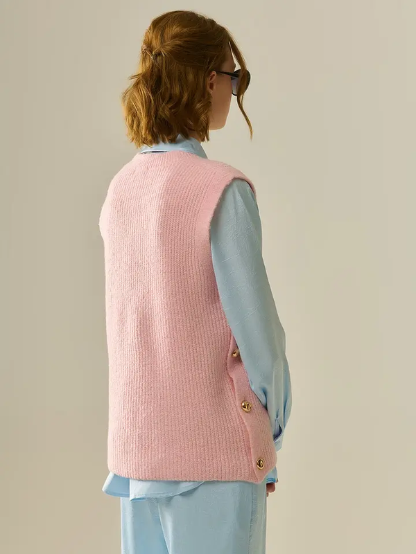 Pink Sleeveless Sweater Vest with Gold Buttons - One Size