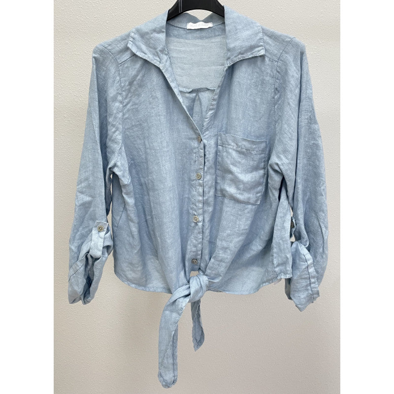 Linen Collar Button Tie Front Shirt - One Size