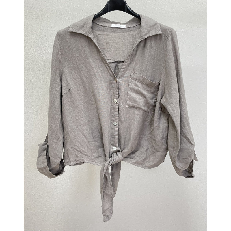 Linen Collar Button Tie Front Shirt - One Size
