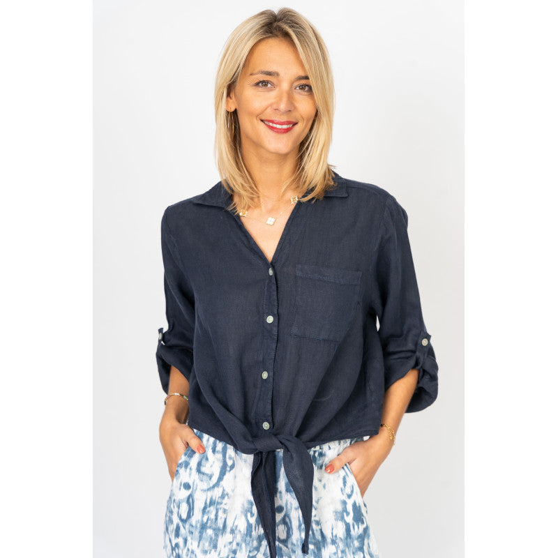 Linen Collar Button Tie Front Shirt - One Size