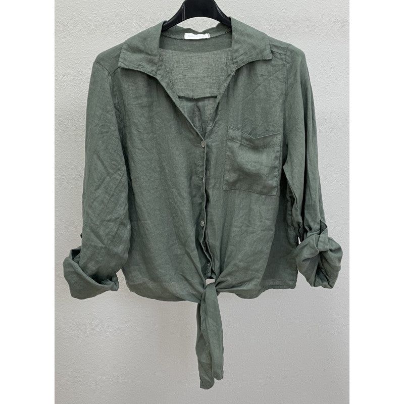 Linen Collar Button Tie Front Shirt - One Size