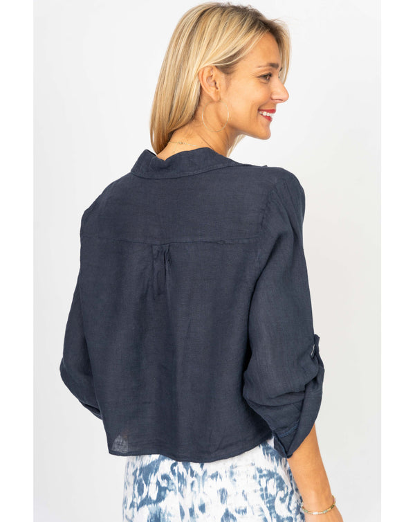 Linen Collar Button Tie Front Shirt - One Size