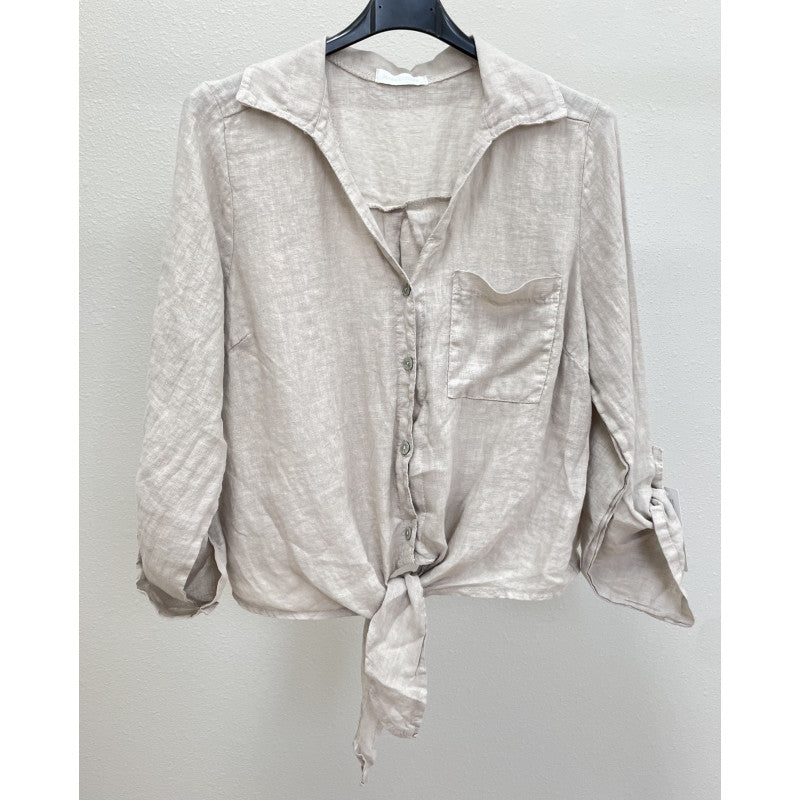 Linen Collar Button Tie Front Shirt - One Size