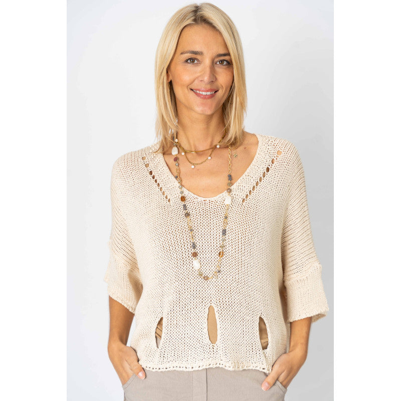 Short Sleeve Holes All Over Knit Top - One Size