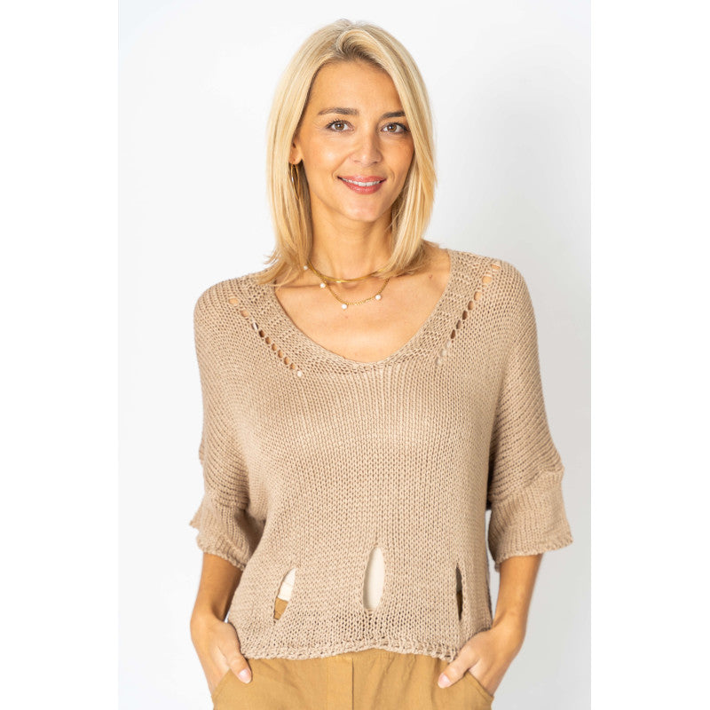 Short Sleeve Holes All Over Knit Top - One Size