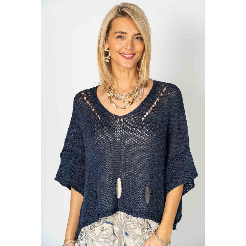 Short Sleeve Holes All Over Knit Top - One Size