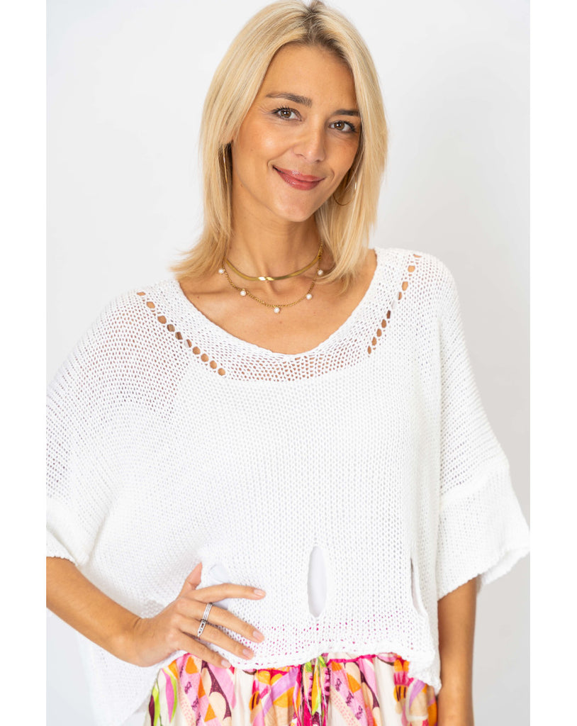 Short Sleeve Holes All Over Knit Top - One Size