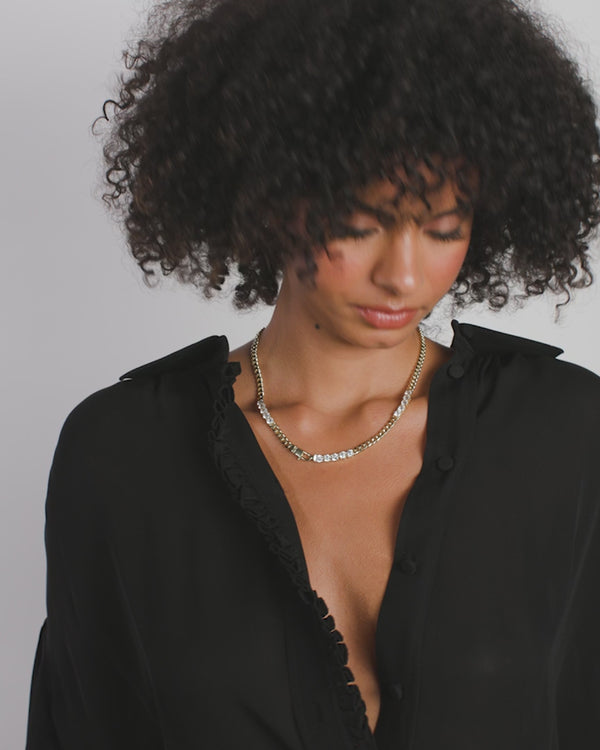 Model wearing Baby Julian's Obsessed with Diamonds Necklace, styled with women's boutique clothing, perfect for summer collection.
