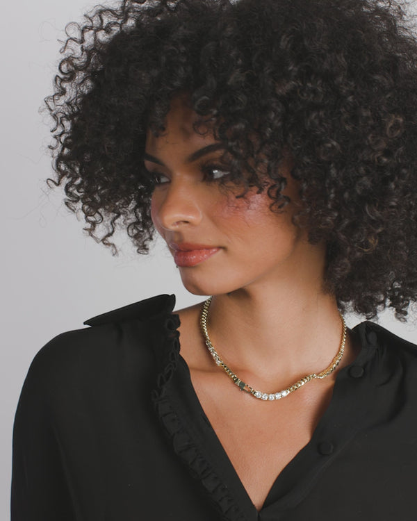 Model wearing Baby Julian's Obsessed with Diamonds Necklace, a stylish addition to women's boutique clothing and summer collection.
