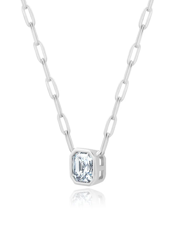 Solitaire Bezel Set Asscher Stud Necklace With Paperclip Style Chain Finished In Pure Platinum