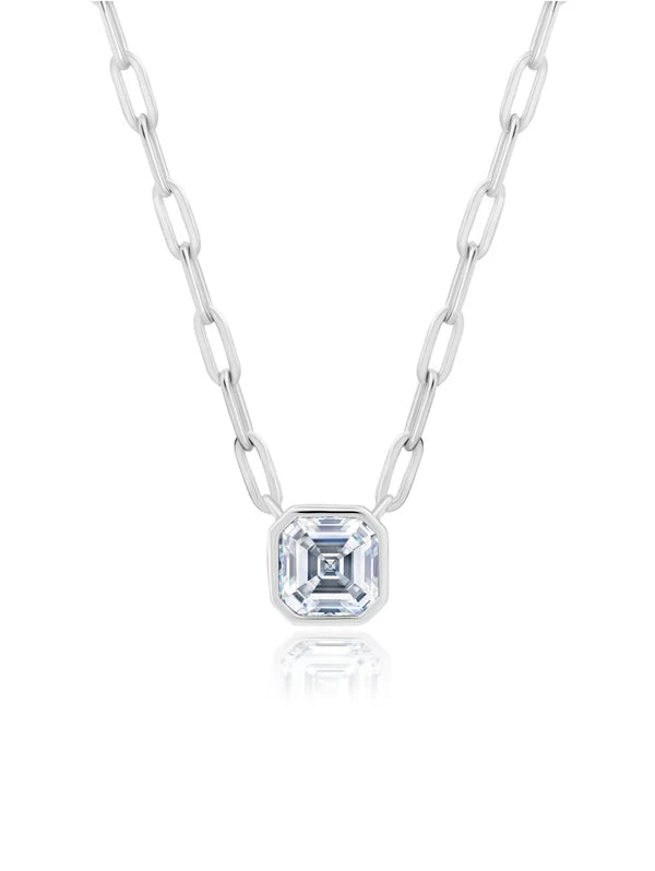 Solitaire Bezel Set Asscher Stud Necklace With Paperclip Style Chain Finished In Pure Platinum