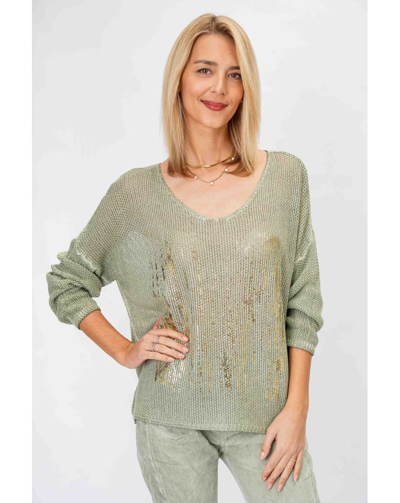 Open Knit Sweater Lurex Shimmer Gold Waterfall One Size