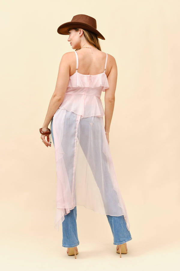 Chiffon ruffle front top with long tail back, perfect for women's boutique clothing, resort wear dresses, and summer collection.