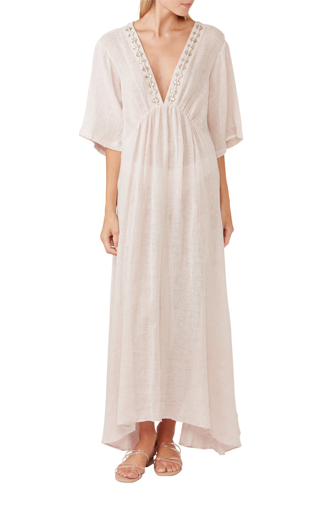 Blush Pearl Embellished  V-Neck Kaftan Maxi Dress