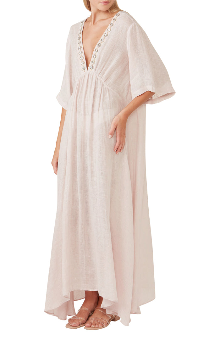 Blush Pearl Embellished  V-Neck Kaftan Maxi Dress