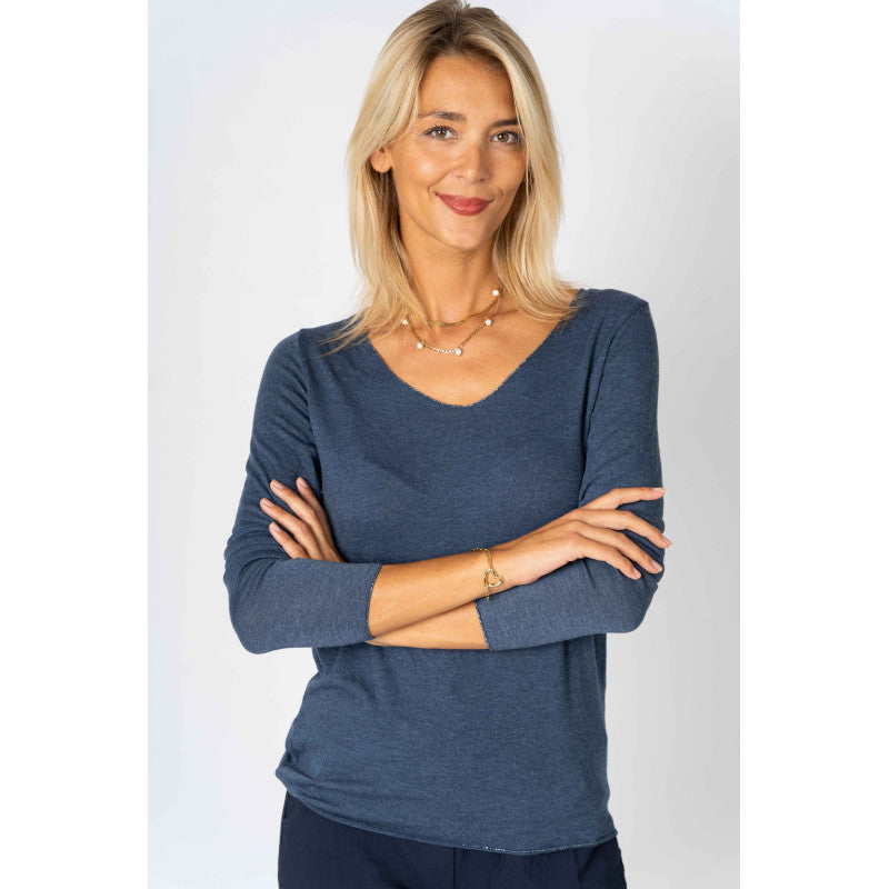 Lurex Trim V-Neck Long Sleeve Top - One Size