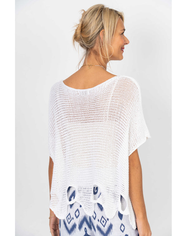Short Sleeve Wavy Bottom w/Holes Knit Top - One Size