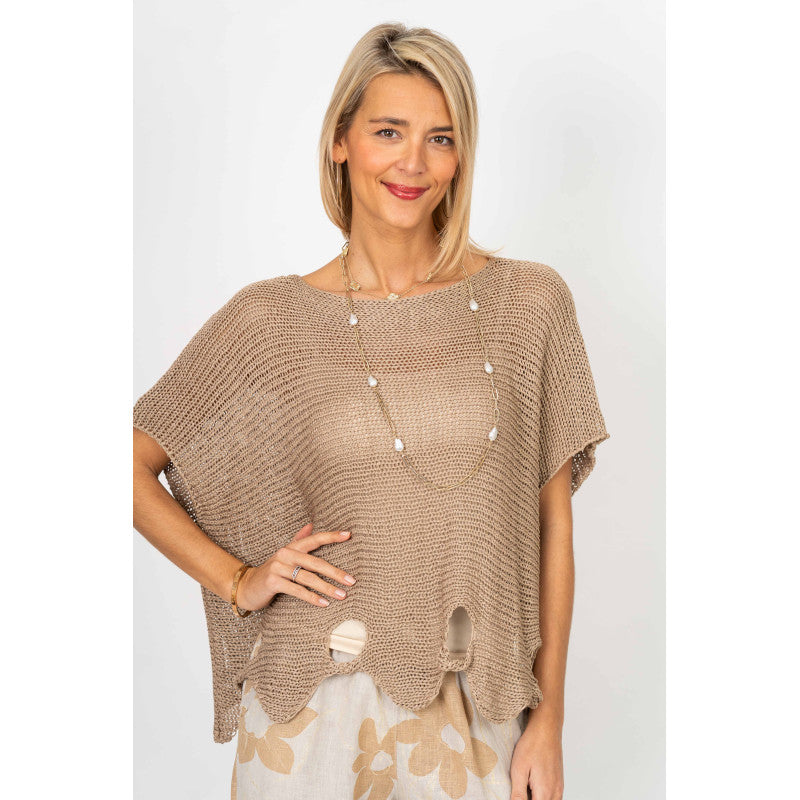 Short Sleeve Wavy Bottom w/Holes Knit Top - One Size