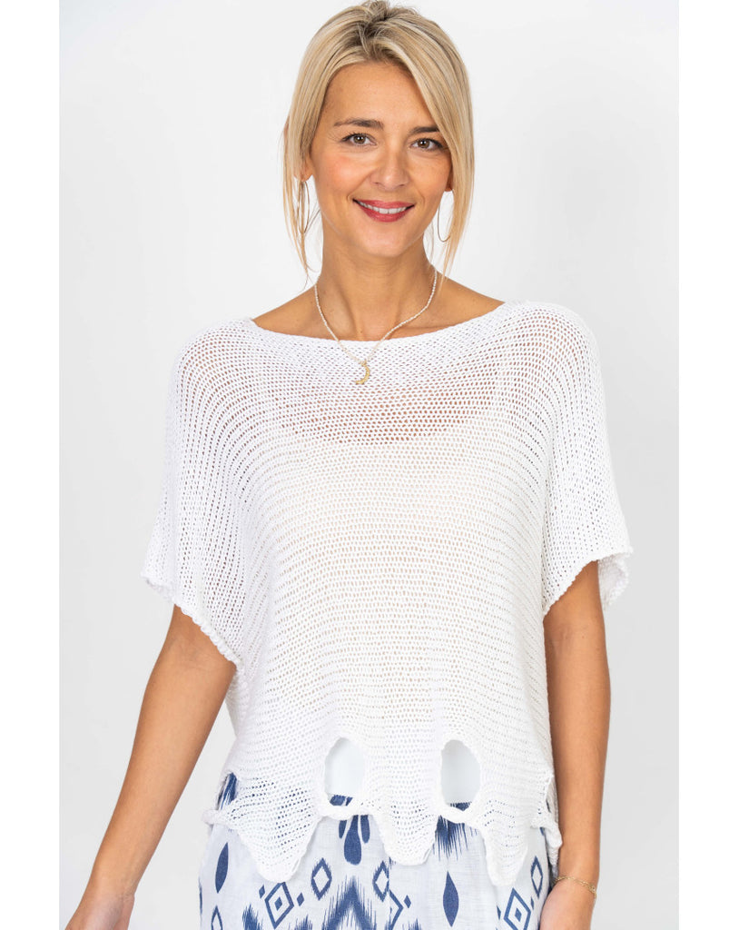 Short Sleeve Wavy Bottom w/Holes Knit Top - One Size